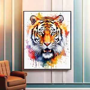 Arte de pared imprimible de tigre naranja, pintura de acuarela de cartel de tigre, decoración de la habitación de obras de arte de animales, impresiones de descarga digital