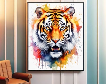 Orange Tiger Printable Wall Art,Tiger Poster Watercolor Painting,Animal Artwork Room Decor,Digital Download Prints