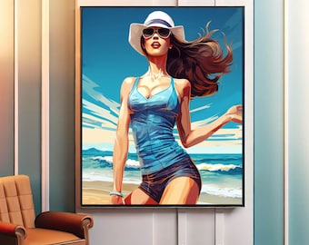 Women Wearing Hat on Beach Printable Wall Art,Girl Wearing Glasses Painting,Lady Poster,Fashion Room Decor,Digital Download Prints