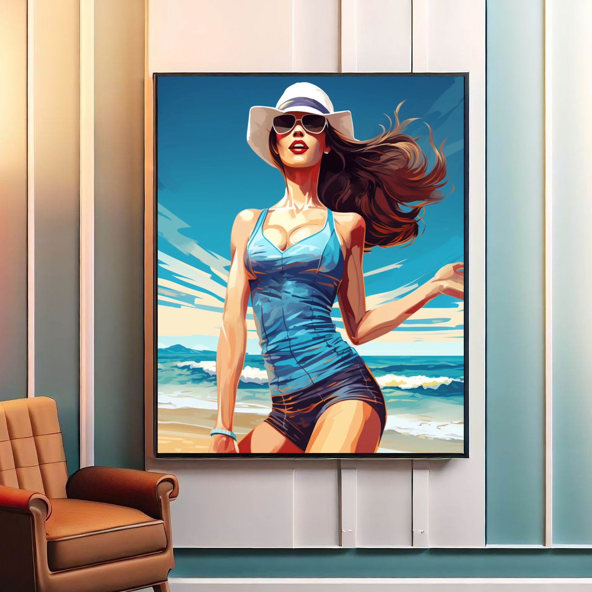 Women Wearing Hat on Beach Printable Wall Art,girl Wearing Glasses