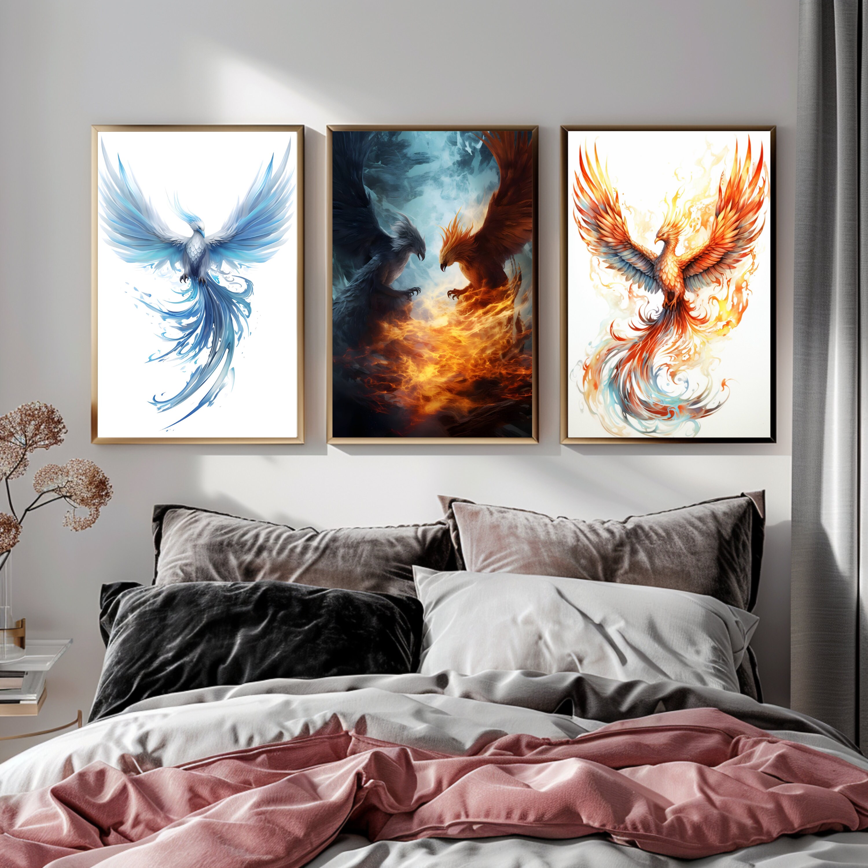 Set of 3 Ice and Fire Phoenix Wall Art Prints for Wall Decor,animal Art ...