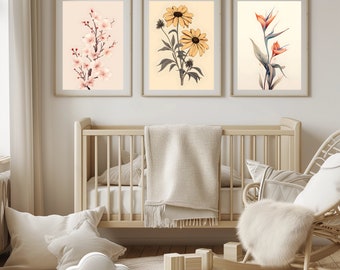 Set of 3 Prints,Flower Wall Art Prints,Flower Market Print,Bird of Paradise,Black Eyed Susan,Cherry Blossom,Floral Botanical Art Prints