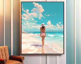 Women Walking on Beach Printable Wall Art,Lady Painting,Girl Poster,Women Wearing Hat,Scenery Room Decor,Digital Download Prints