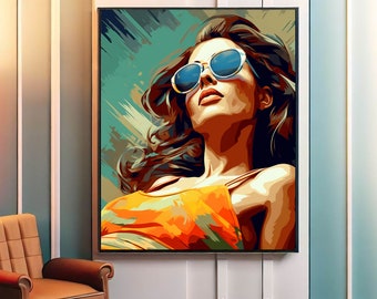 Femme prenant un bain de soleil sur la plage, oeuvre d'art murale imprimable, peinture de jeune fille, affiche femme, décoration de chambre fashion, tirages téléchargement numérique