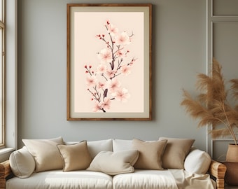 Boho Cherry Blossom Wall Art Printable for Home Decor,Tropical Flowers Art Poster,Japanese Pink Floral Art Prints Digital Download for Her