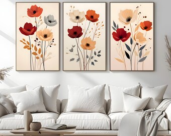 Boho Flower Wall Art, Boho Floral Poster, Neutral Flower Print, Printable Wall Art, Mid Century Art Prints, Set of 3 Prints Digital Download