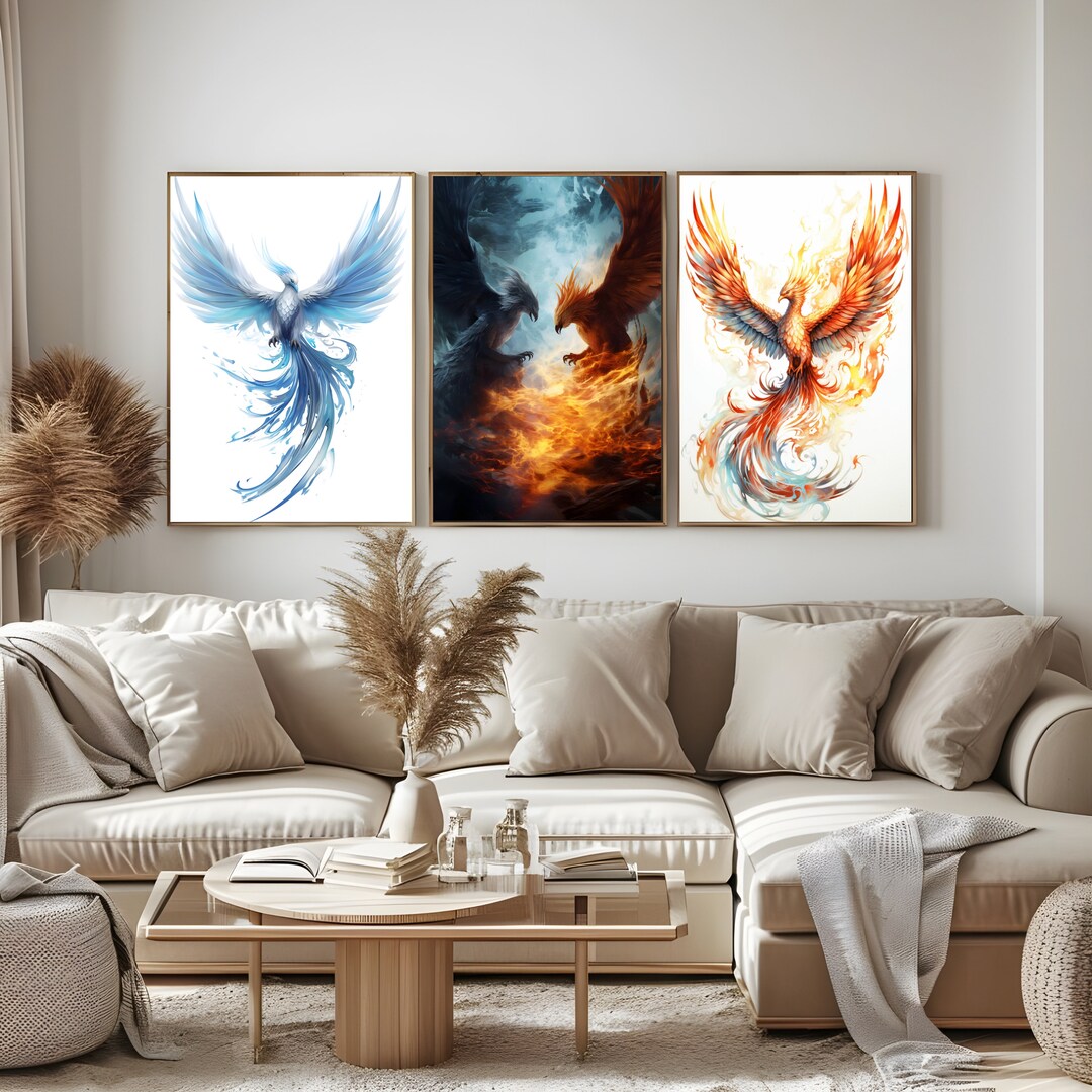 Set of 3 Ice and Fire Phoenix Wall Art Prints for Wall Decor,animal Art