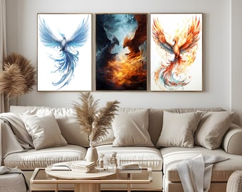 Set of 3 Ice and Fire Phoenix Wall Art Prints for Wall Decor,Animal Art Poster,Fantasy Phoenix Bird Art Prints Digital Download for Kids
