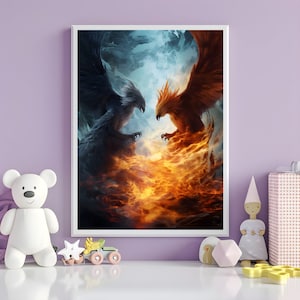 Ice and Fire Phoenix Wall Art Prints,Phoenix Art Print,Fantasy Phoenix Bird Art Prints,Phoenix Poster for Kids Wall Decor,Digital Download