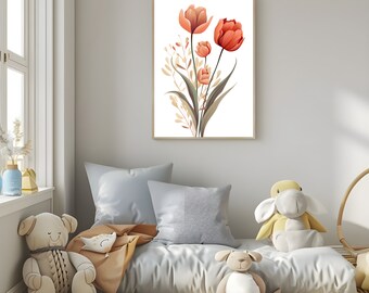 Red Tulips Wall Art Printable for Home Decor,Minimalist Floral Art Poster,Red Tulip Flowers Art Prints Digital Download for Her
