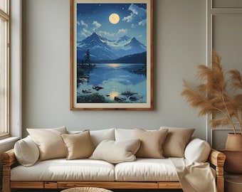 Forest Moon Wall Art Prints,Moon Art Painting,Forest Scene Poster,Minimalist Home Decor,Digital Download