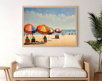People Sitting in the Umbrella on Beach Vintage Oil Painting Wall Art Prints Coastal Poster Scenery Decor Digital Download Prints