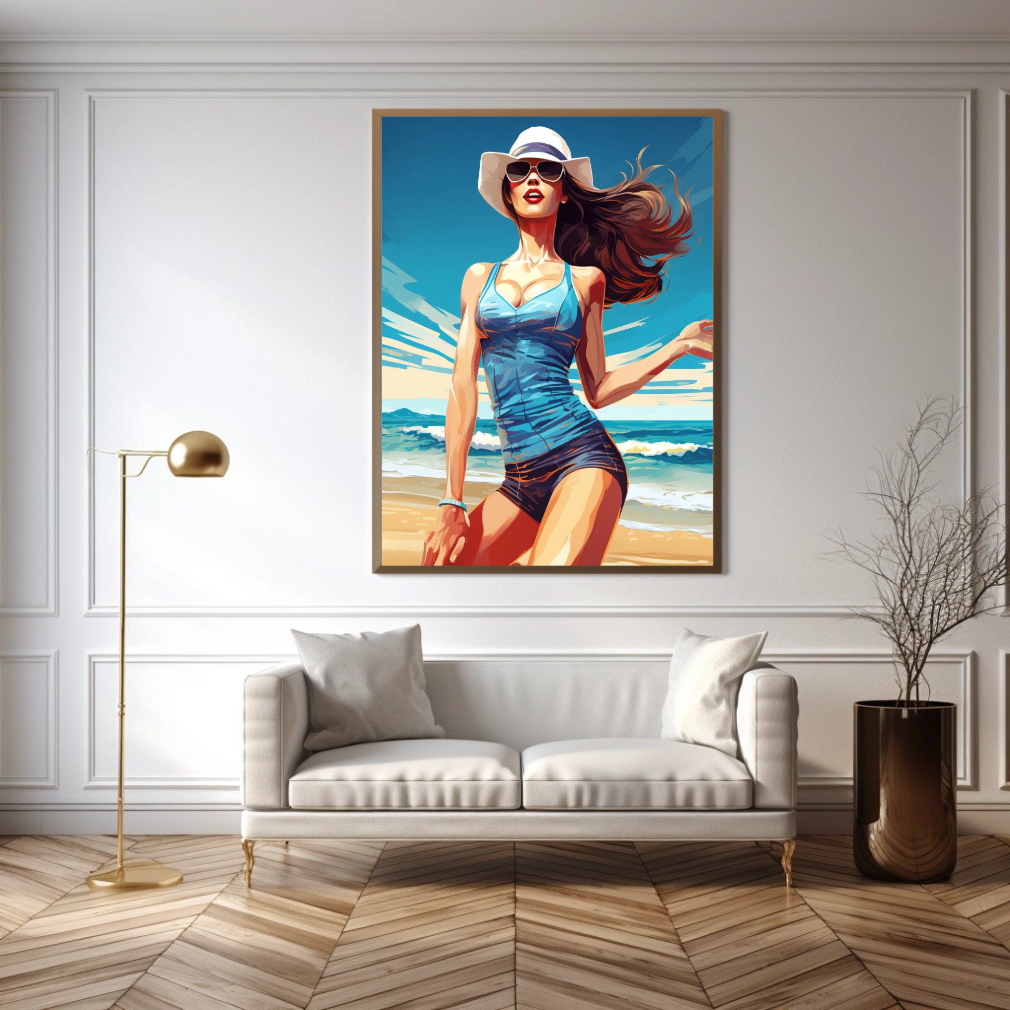 Women Wearing Hat on Beach Printable Wall Art,girl Wearing Glasses