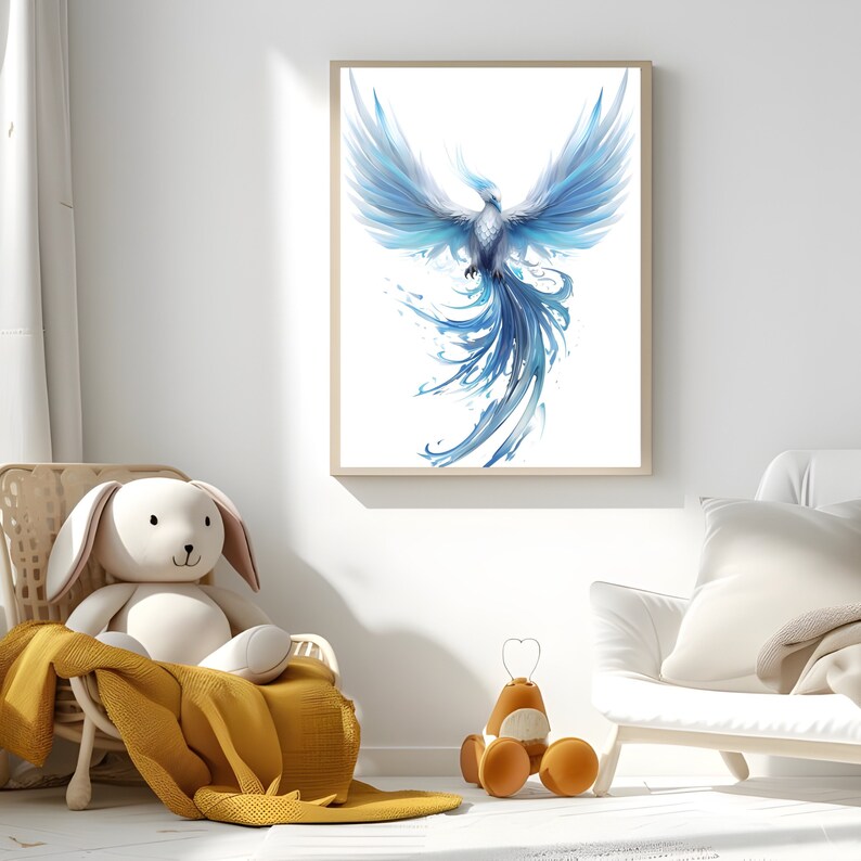 Watercolor Ice Phoenix Wall Art Printable for Wall Decor Winter Birds Art Poster Fantasy Blue Phoenix Art Prints Digital Download Gift for Him