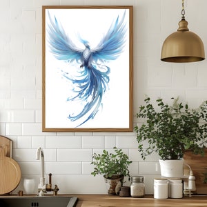 Watercolor Ice Phoenix Wall Art Printable for Wall Decor Winter Birds Art Poster Fantasy Blue Phoenix Art Prints Digital Download for Him