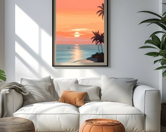 Coastal Sunset Wall Art Prints,Beach Sunset Painting,Minimal Home Decor,Travel Poster,Printable Tropical Wall Art,Digital Download for Her