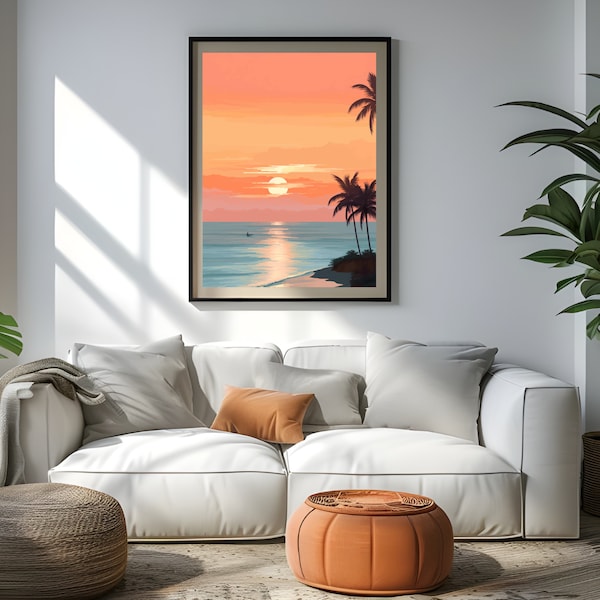 Coastal Sunset Wall Art Prints,Beach Sunset Painting,Minimal Home Decor,Travel Poster,Printable Tropical Wall Art,Digital Download for Her