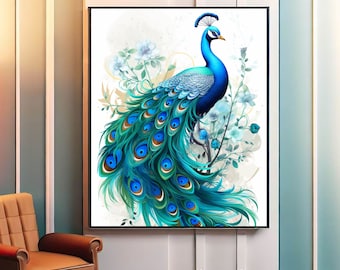 青い孔雀の印刷可能な壁アート、花と動物のアート、孔雀の絵画、アールデコのポスターホームデコレーション、デジタルダウンロードプリント