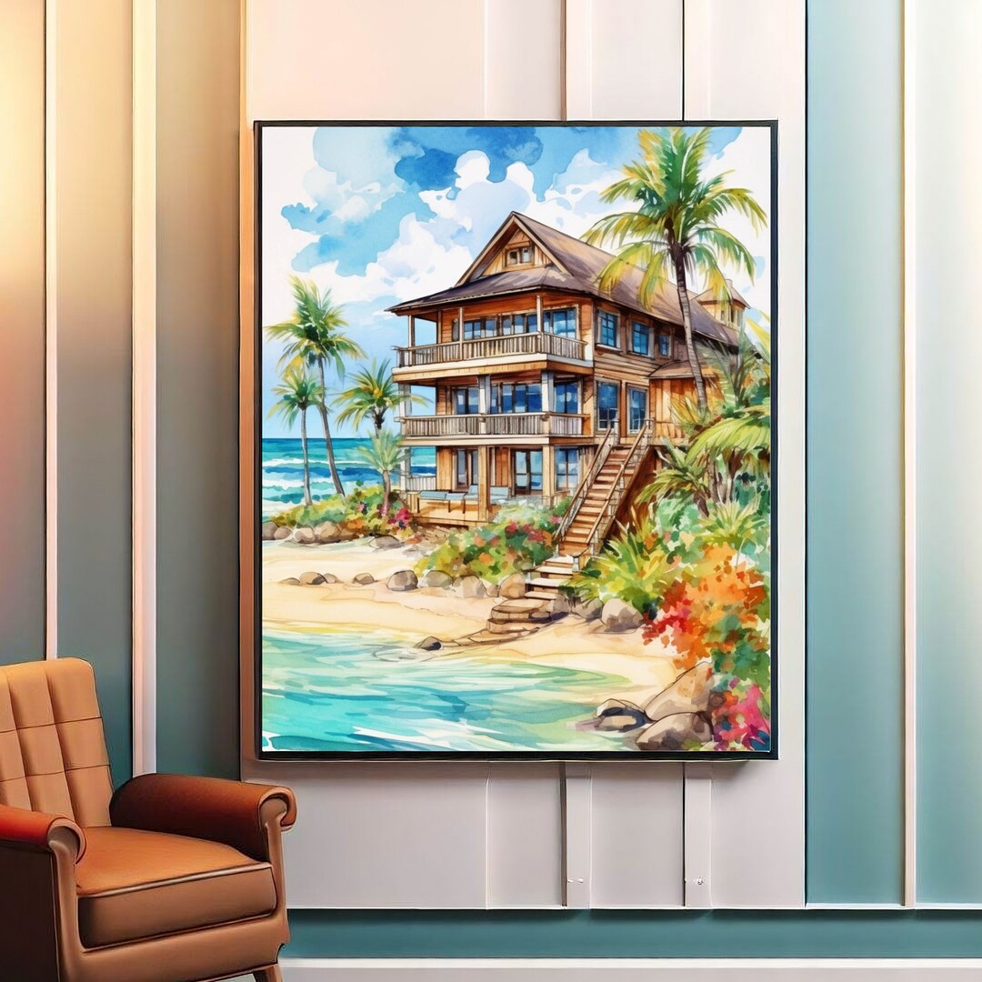 Luxury Beach House Printable Wall Art,coastal House Watercolor Painting ...