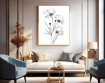 Black and White Flower Wall Art,Minimalist Botanical Poster,Abstract Flower Art,Floral Home Decor,Modern Trendy Art,Digital Download Prints