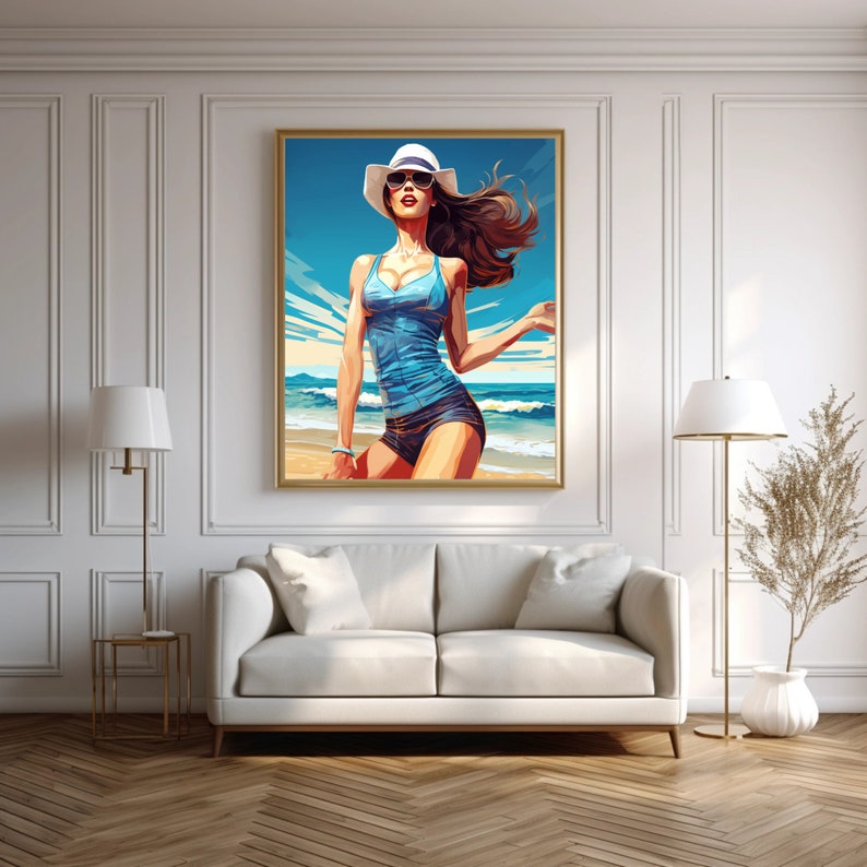 Women Wearing Hat on Beach Printable Wall Art,girl Wearing Glasses