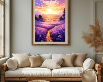 Lavender fields Wall Art Printable for Home Decor,Landscape Sunset Art Print,Spring Flower Poster,Purple Flower Art Prints Digital Download