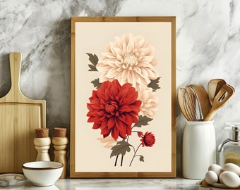 Red Dahlia Flower Wall Art Prints for Room Decor,Red Floral Art Poster,Modern Flower Market Print,Botanical Art Prints Digital Download