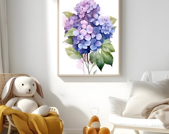 Purple Hydrangea Flowers Wall Art Printable for Home Decor,Modern Botanical Flower Art Poster,Pink Floral Art Prints Digital Download
