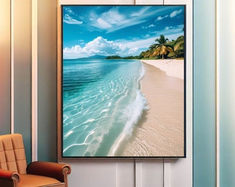 Waves Crashing on the White Sand Beach at Bali Wall Art Prints,Tropical Coastal with Palm Tree Art,Poster,Scenery Decor,Digital Download