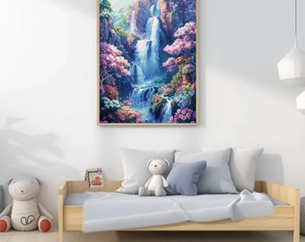 Floral Waterfall,Printable Wall Art,Flower Waterfall Watercolor Painting,Nature Poster,Scenery Decor,Digital Download Prints