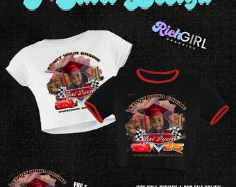May include: A design for a t-shirt featuring a child wearing a graduation cap, a race car, and the text "Start Your Engine". The design is available in white and black t-shirt options. The text "Jai Dyen 25" is also included.