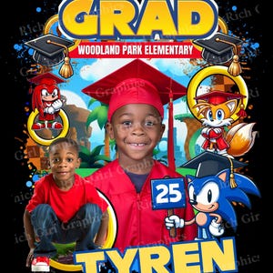 May include: A graduation party invitation featuring a boy wearing a red graduation gown and cap, with a Sonic the Hedgehog theme. The invitation includes the text "GRAD", "WOODLAND PARK ELEMENTARY", "TYREN", and "25".
