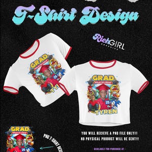 May include: A white t-shirt design with a red trim featuring a graduation theme with a child's photo, the text "GRAD", "Woodland Park Elementary", "2510", and "TYREN", and a Sonic the Hedgehog graphic.