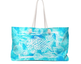 Large bag made of white polyester lining and rope cotton handles - modern printed in turquoise with a fresh fish pattern