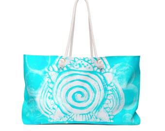 Large bag made of white polyester lining and rope cotton handles - modern printed in turquoise with white turtle pattern and spiral