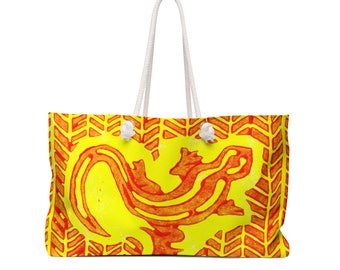 Grand sac en doublure en polyester blanc et poignées en corde de coton - imprimé moderne en jaune vif avec Geko en orange