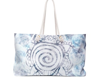 Large bag made of white polyester lining and rope cotton handles - modern printed in gray design with white turtle and spiral
