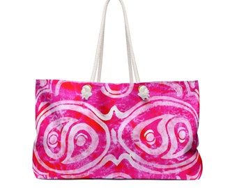 Large bag made of white polyester lining and rope cotton handles - modern printed in pink with white ornament