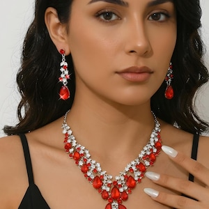 Ruby Red Crystal Bridal Jewelry Set | Silver Teardrop Statement Necklace and Earrings, Elegant Crimson Prom Pageant Costume Jewelry