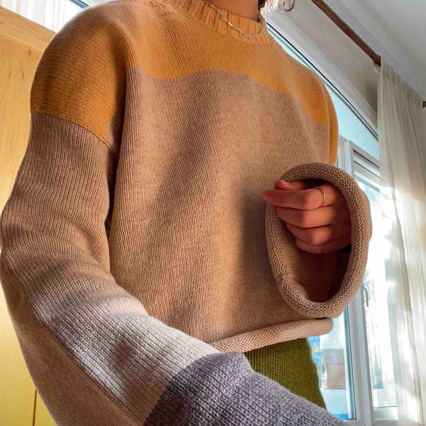 Cream/Grey/Yellow Merino Wool TRIO CROP PERA Sweater With Wide Sleeves