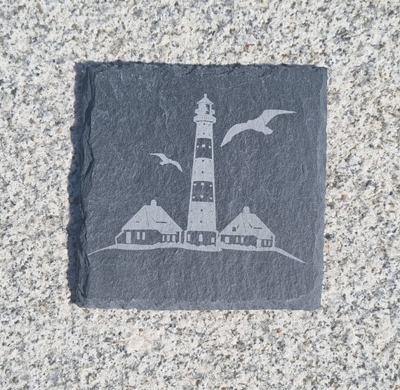 Schieferuntersetzer, Untersetzer mit Gravur, Westerhever Leuchtturm, personalisierter Untersetzer