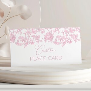Roze strik plaatskaart roze babyshower maaltijdkaartsjabloon bloemen babyshower naamkaart elegante toile de jouy tafelkaart afdrukbare sjabloon