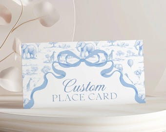 Blue Toile Safari Baby Shower Place Card Editable Canva Template Food Label Card