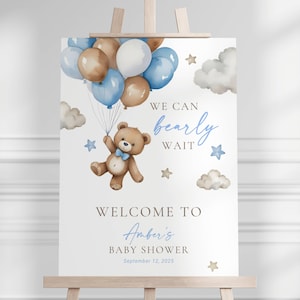 Teddy Bear Welcome Sign We Can Bearly Wait Baby Shower Sign Bear Ballon Baby Boy Shower Decor Blue We Can Bearly Wait Board Canva Template