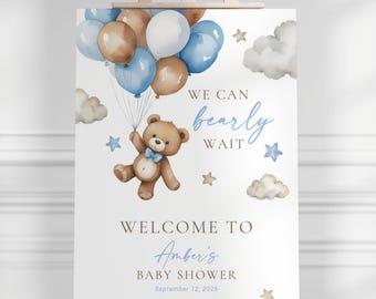 Welkomstbord teddybeer We Can Bearly Wait Babyshowerbord Beer Ballon Babyshower Decor Blauw We Can Bearly Wait Board Canva-sjabloon
