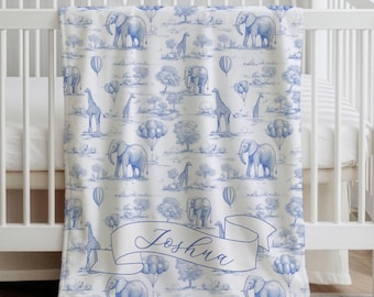 Blue Toile Safari Blanket Personalized Chinoiserie Boy Nursery Decor Custom Baby Shower Gift First Birthday Keepsake