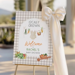 Lokal gewachsene Mädchen-Babyparty-Willkommensschild-Vorlage bearbeitbar Lokal gewachsene Wäscheleine Poster Gemüsemarkt Willkommensschild Bauernmarkt