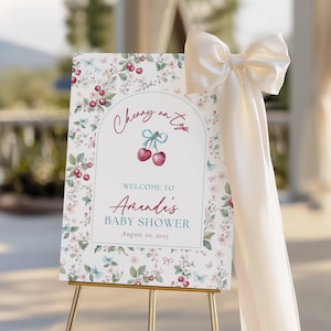 Custom Cherry On Top Baby Shower Sign Coquette Cherry Shower Welcome Sign Cherry Bow Editable Template Welcome Banner Cherry on Top Sign
