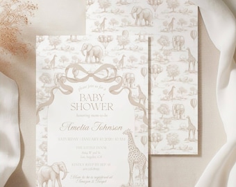 Neutral Toile Safari Invitation Elegant Beige Invite Editable Canva Template Custom Baby Shower Printable
