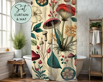 Botanicals Mushroom Shower Curtain Vintage Mushroom Bath Curtain 74 in Fantastyczna zasłona prysznicowa Retro Shower Decor Farmhouse Bath Mat Retro